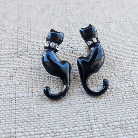 Black Cat Earrings Vintage Fashion Jewelry Earrings Crystals Accent Earrings - Picture 8 of 11